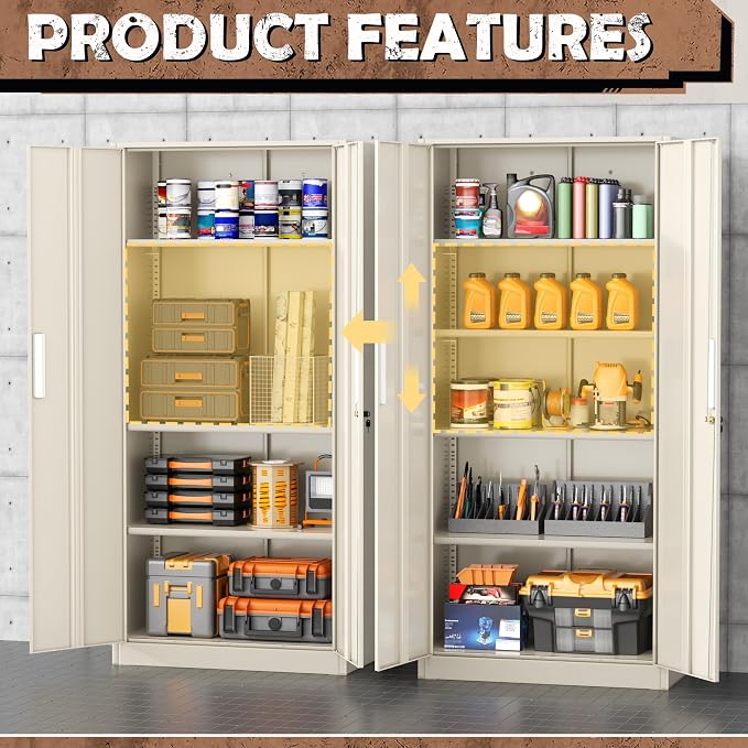 Metal Lockable Storage Cabinet, 72” Storage Cabinet with 2 Doors and 4 Adjustable Shelves for Office, Home, Garage, Pantry (Assembly Required, Gray)