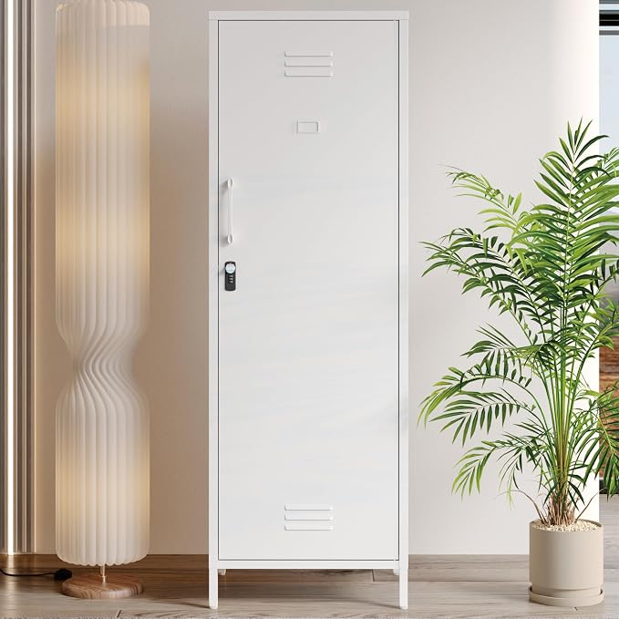 Metal Locker Cabinet, White Kitchen Pantry Storage Cabinet 59" Garage Steel Tool File Cabinets with Doors and Adjustable Shelves for Office,Garage