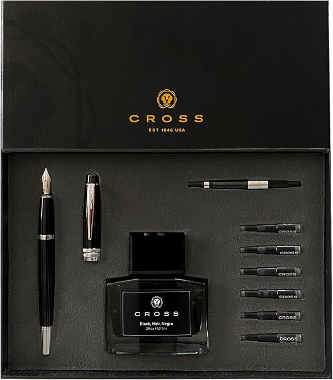 Cross Bailey Refillable Fountain Pen, Black Ink, Luxury Gift Box | Includes Ink Cartridges, Bottle Ink and Converter, Effortless Writing, Cap-Over-Barrel Styling, Premium Gift Box