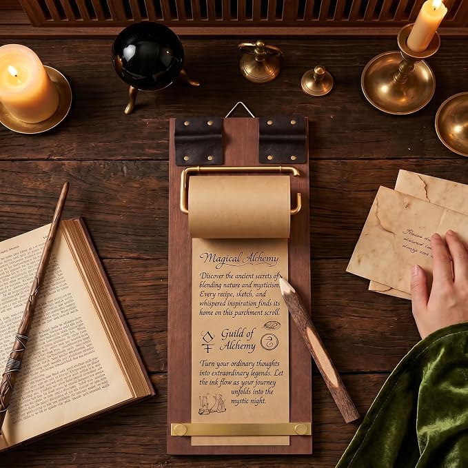Vintage Wood Clipboard Wall Memo Board, Roller Paper Dispenser & Pen | Includes 2 paper rolls & wooden ballpoint pen, built-in metal cutter. Fits kitchen, café & home office for daily reminders.