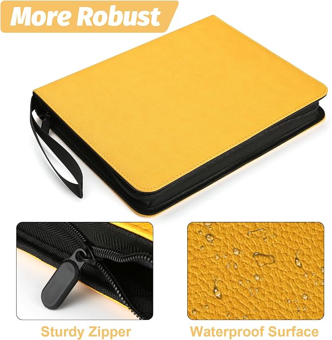 GERMUN 3 Ring 9 Pocket Zipper Card Binder, 720 Double Sided Standard PU Trading Card Album Folder for TCG & Sports Cards, Not Fit Top Loaders (yellow)