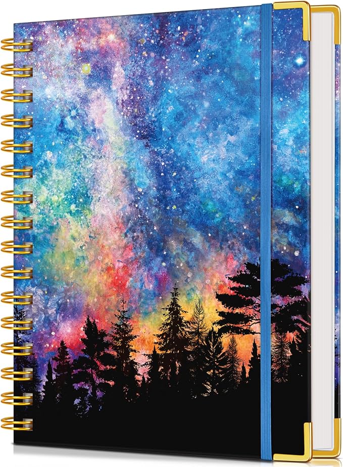 Lined Spiral Notebook Journal for Women, 150 Pages Cute Notebooks 5.75” x 8.38”, A5 Hardcover Spiral Journals with 100 GSM Thick Paper, College Ruled Notebook for Writing Work School, Forest Under a Starry Sky