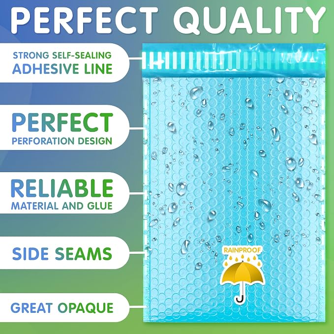 Poly Bubble Mailers, 10,5 x 16 Inch Light Blue Padded Mailers, Self Seal Shipping Envelopes, Lightweight Poly Mailer Bags, Waterproof Mailing Bags, Pack of 200