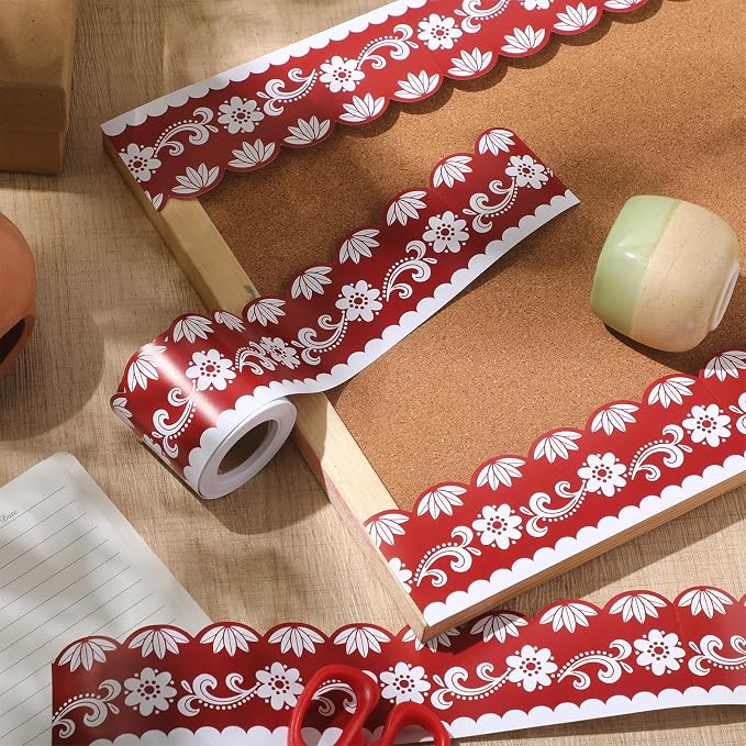 32.8 Ft Spanish Bulletin Board Borders Red Scalloped Trim | Mexican Fiesta Floral Design Borders, Scalloped Die Cut Edges, Classroom Office Decoration, Wildflower Pattern for Parties