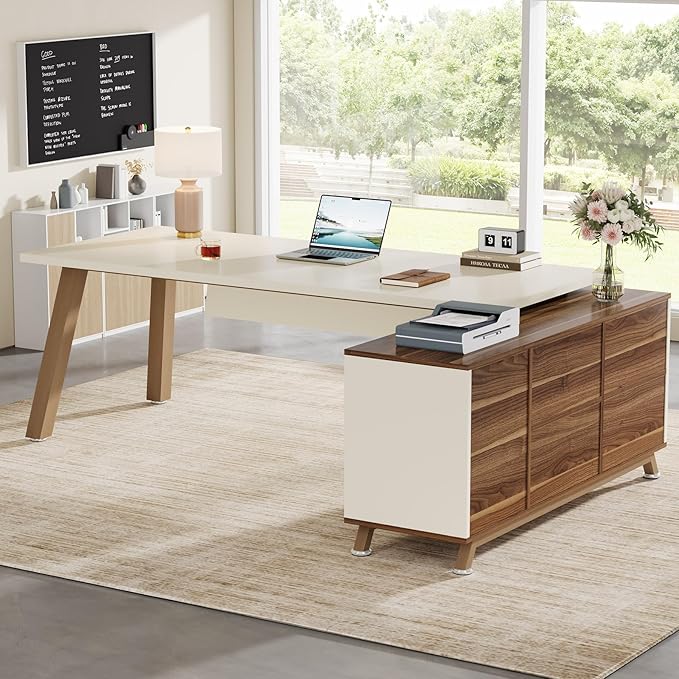 Tribesigns 78.7-Inch Executive Desk, L-Shaped Desk with 55-Inch Cabinet, Large Office Desk with Storage Shelves, Modern Computer Desk for Home Office, White & Walnut