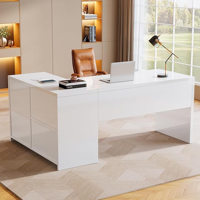 Tribesigns White L-Shaped Computer Desk with 3 Drawers, 55-Inch Modern Gloss Corner Home Office Executive Desk with LED Lights and 2 Storage Shelves for Work Study Writing
