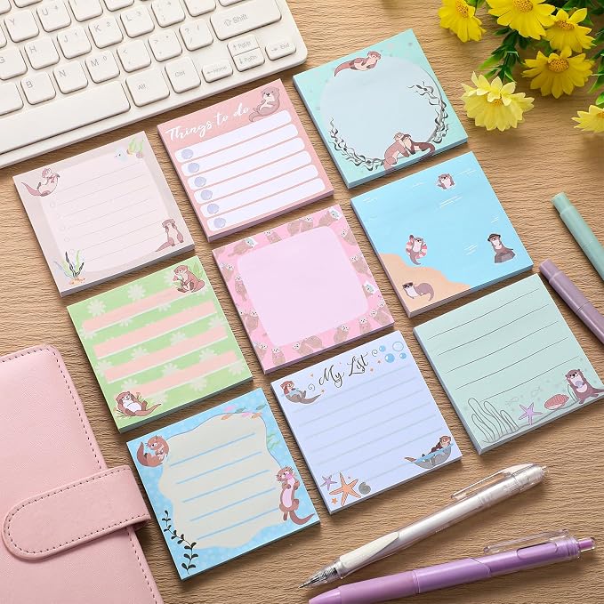 9 Pads Otter Sticky Notes, 3x3 Inch Cute Stick Notepads | Adhesive Memo Notes Pad, Coworker Gifts, Office Supplies Decor, Desk Accessories for Students, Teacher, Meeting