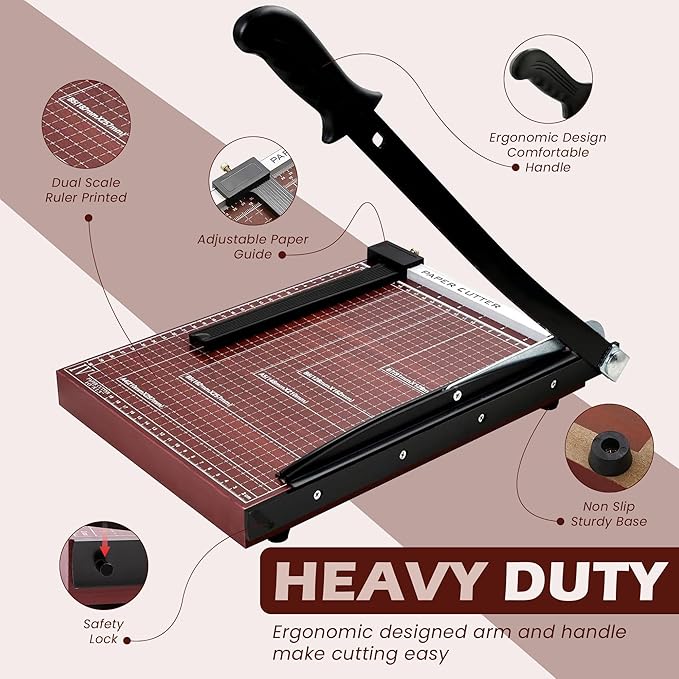 Guillotine Paper Cutter Heavy Duty, 18" Cut Length Wooden Paper Trimmer Cuts 12 Sheets, Accurate & Safe Paper Slicer Cutter for Cardstock, Photos, Crafts, Office, Home & Classroom