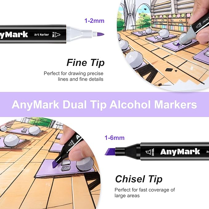 AnyMark Alcohol Markers, 60 Colors Dual Tip Art Coloring Markers Set for Adult Book Drawing Sketching Painting, Chisel & Fine, Black Penholder
