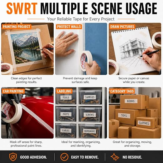 SWRT Masking Tape 0.75 Inch x 55 Yards x 10 Rolls, Bulk White Painting Tape | Clean Removal; Easy Hand Tear; Writable Surface; Painting & Crafts; Labels & Organizing; Light Packaging