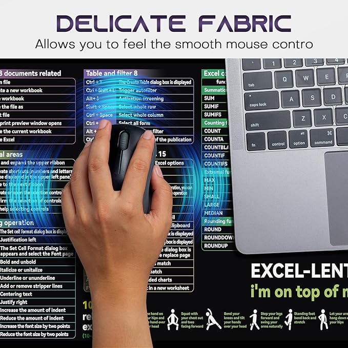 Excel Cheat Sheet Desk pad|excel Mouse pad|Contains Excel Shortcut Keys,Lager Mouse pad for Desk| XL（31.5 * 11.8in） Size|Desk mat for Keyboard and Mouse|Mouse Pads|Waterproof、Anti-Slip、Smooth