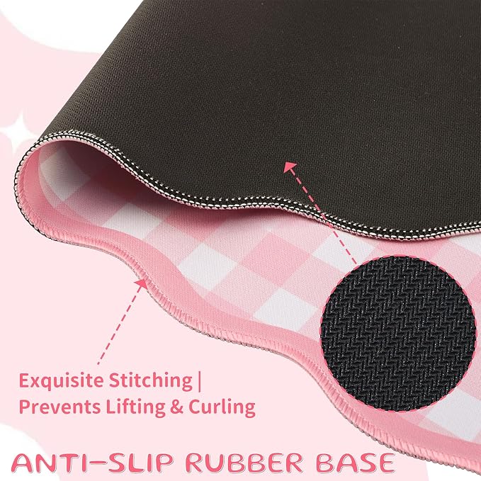 Scalloped Gingham Pink Desk Mat,Large Cute Desk Pad for Keyboard Mouse,Girly Mouse Pad for Desktop Office