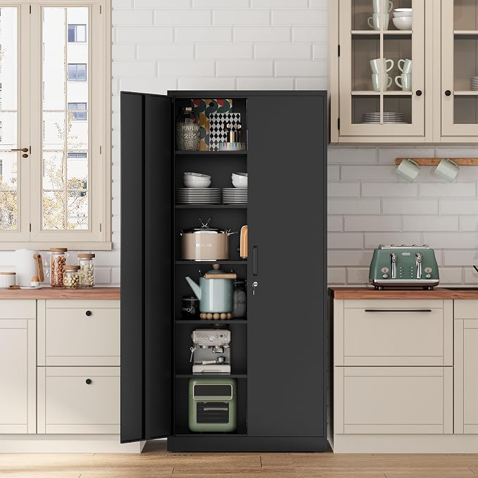 Fesbos Metal Storage Cabinet-71” Tall Steel File Cabinets with Lockable Doors and Adjustable Shelves-Black Steel Storage Cabinet for Home, School, Office, Garage