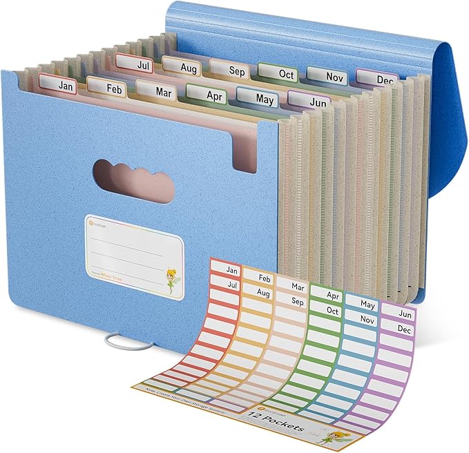 Accordion File Organizer, 12-Pocket Wheat Straw Expanding File Folder, Portable Monthly Bill & Tax Receipt Organizer, Letter/A4 Size Document Holder with Colorful Tabs-UN Blue