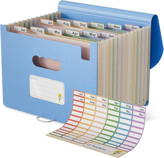 Accordion File Organizer, 12-Pocket Wheat Straw Expanding File Folder, Portable Monthly Bill & Tax Receipt Organizer, Letter/A4 Size Document Holder with Colorful Tabs-UN Blue