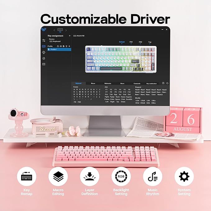 MechLands Aula F99 96% Wireless Gaming Keyboard, 8000mAh Battery, Creamy Gasket Mechanical Keyboard, BT/2.4GHz/USB-C, Hot-Swappable, Pre-lubed Linear Switch, Programmable RGB, Win/Mac (Pink Gradient)