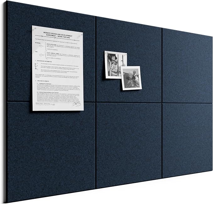 Bumusty 36"x 24" Large Felt Bulletin Board Tiles, Carbon Blue | 6-Pack Cork Board Alternative, Wall Decor, 30 Pushpins, 30 Adhesive Tabs, Vision Board, Office, Classroom, Home, Dorm