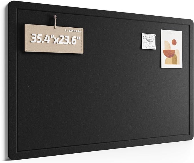 Fluxynara 35.4" x 23.6" Bulletin Board, Black | Cork Board Alternative with 12 Removable Adhesive Tabs, Foldable Felt Pin Board for Home, Office, Classroom & Dorm