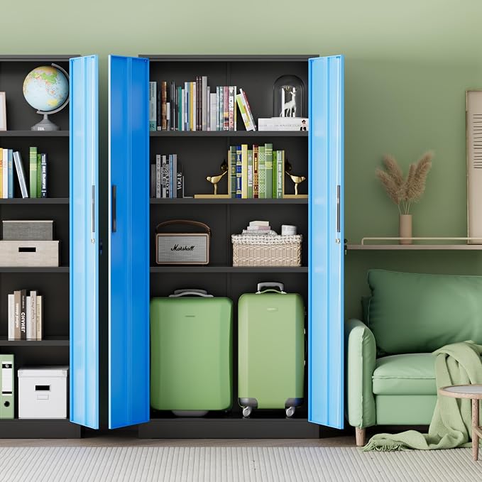 Metal Storage Cabinet,72" Steel Lockable File Cabinet with Locking Doors and Adjustable Shelves,Locking Tool Cabinets for Office,Home,Garage,Gym,School (Black Blue)