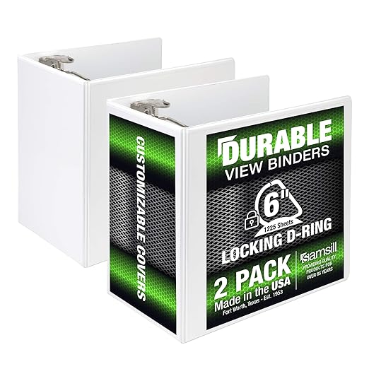 Samsill Durable 6 inch 3 Ring Binder, Locking D Ring 100% Recycled Chipboard, White, 2 Pack
