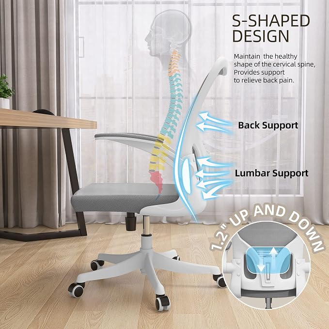 Monhey Ergonomic Office Chair, 90°-125° Tilt Back Home Desk Chair with 360° Swivel & Mute Wheels, High Back Mesh Computer Chair for Adults with Lumbar Support, 330 LBS Capacity (01White+Gray)