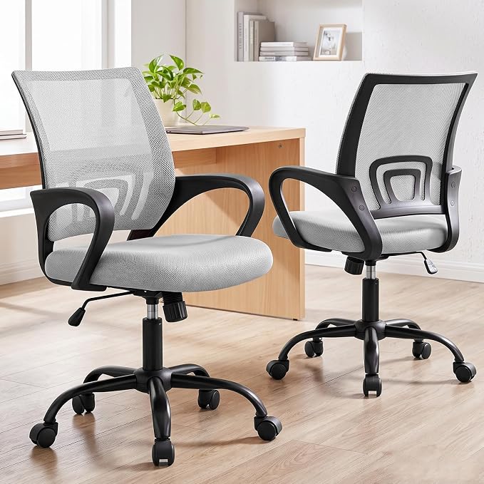 DUMOS Ergonomic Office Chair, Mid-Back Executive Desk Chair 2 Pack | Comfortable Lumbar Support, Breathable Backrest, Fixed Armrest, Height Adjustable, 360° Swivel, Computer Gaming, Grey