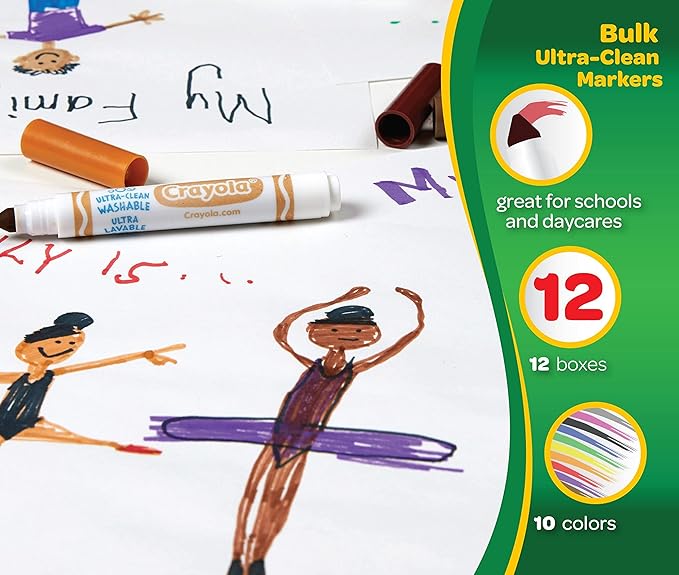 Crayola Ultra Clean Washable Broad Line Markers (12 Boxes), Bulk Classroom Markers for Kids, 10 Colors, Teacher Classroom Must Have, Bulk School Supplies for Kids