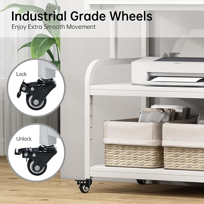 Fannova 32.3"x18.9"x32.1" Extra Large White Printer Stand with Storage | Height Adjustable Middle Shelf, 3 Tier Wide Printer Table with Industrial Wheels, Heavy Duty Rolling Cart for Home Office