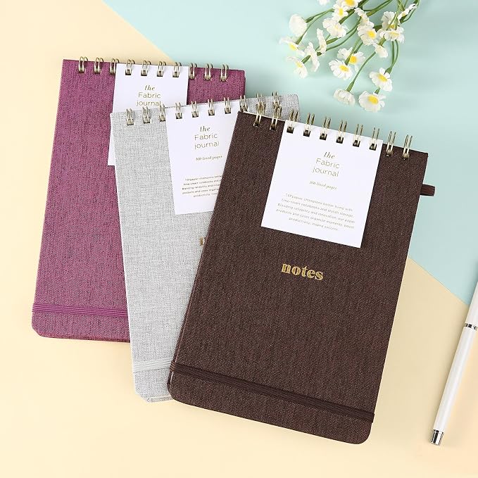 A5 Top Spiral Notebook, Fabric Hardcover College Ruled Journal | 100GSM Paper 160 Lined Pages, 5.7"x8.39" Steno Pads with Elastic Band & Pen Loop, for Work, School Note Taking (Coffee)
