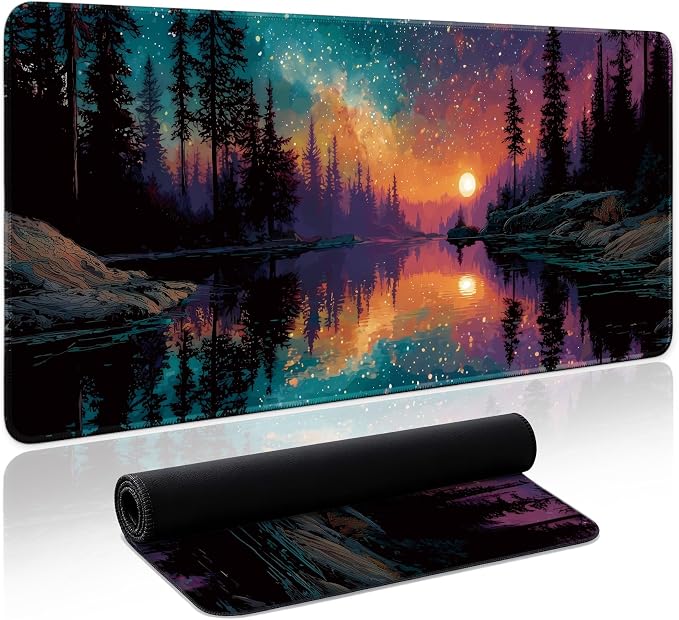 Aesthetic Desk Mat, Cute Aurora Lake Desk Pad Protector for Work & Decor, 35.4" x 15.7", Pretty Non-Slip Extended Mouse Pad for Office or Home
