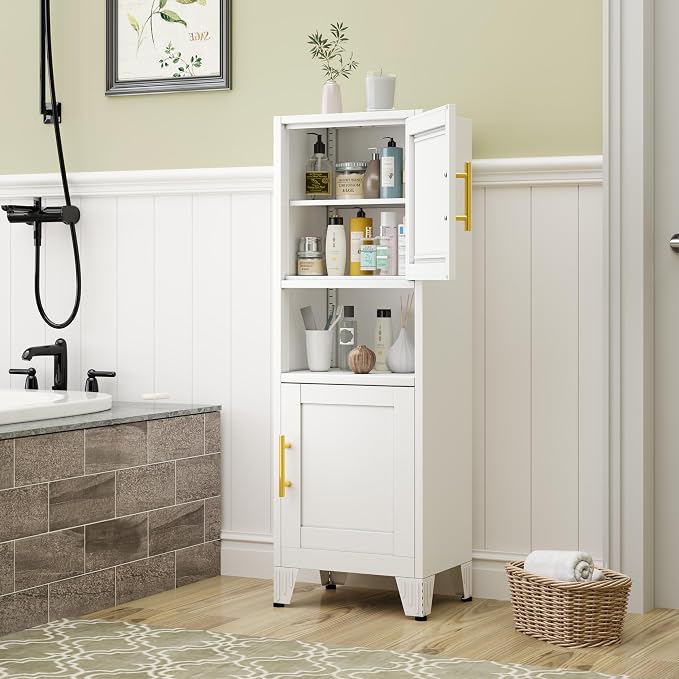 Metal Tall Narrow Bathroom Storage Cabinet, Freestanding Floor Cabinet with 2 Doors and Adjustable Shelves, Pantry Storage Cabinets for Bathroom, Living Room, Entryway and Kitchen (White)