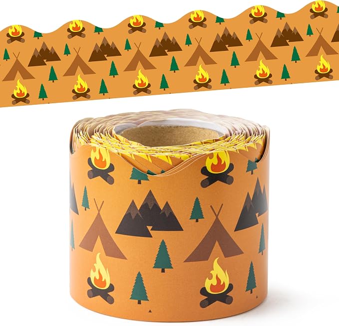 BeYumi Camping Tent Border Trim - 65ft Back to School Camping Hiking Scalloped Rolled Border Trim Outdoor Themed Bulletin Board Set Classroom Office Chalkboard Kindergarten Preschool Party Decoration