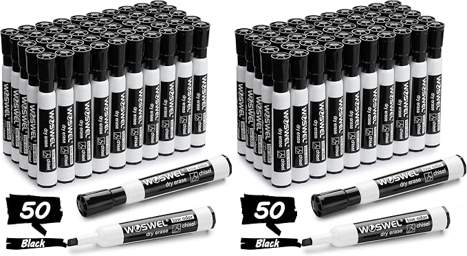 WOSWEL Dry Erase Markers Bulk, Chisel Tip, 50 Black Thick Whiteboard Markers for Teachers, Classroom, Office & Home Use (Pack of 2)