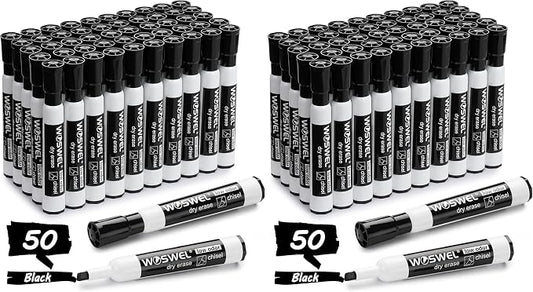 WOSWEL Dry Erase Markers Bulk, Chisel Tip, 50 Black Thick Whiteboard Markers for Teachers, Classroom, Office & Home Use (Pack of 2)