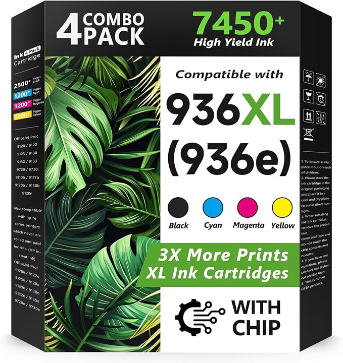 936XL 936e 936 Ink Cartridges for HP Printers Replacement for HP 936XL 936 Ink Cartridges Combo Pack for HP OfficeJet Pro 9125e 9120e 9730e 9130 9135e 9122e 9128e 9110b 9120b 9130e(4 PACK WITH CHIP)