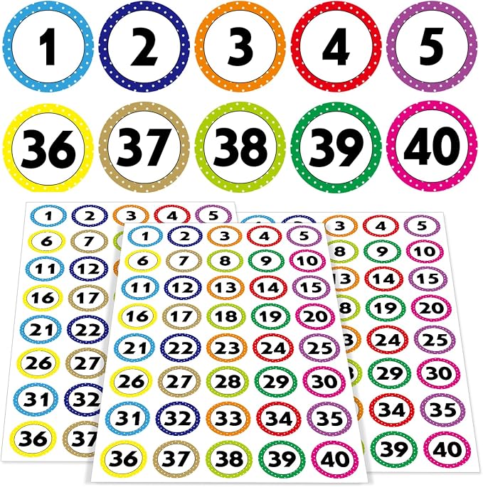 800 Number Stickers 1-40, 20 Sheets of Polka Dot Waterproof/Oil-Resistant/Tear-Resistant Removable Numbered Labels, Suitable for Storage Boxes, Cabinets, Bookshelves, Desks, Chairs, etc. (1 Inch)