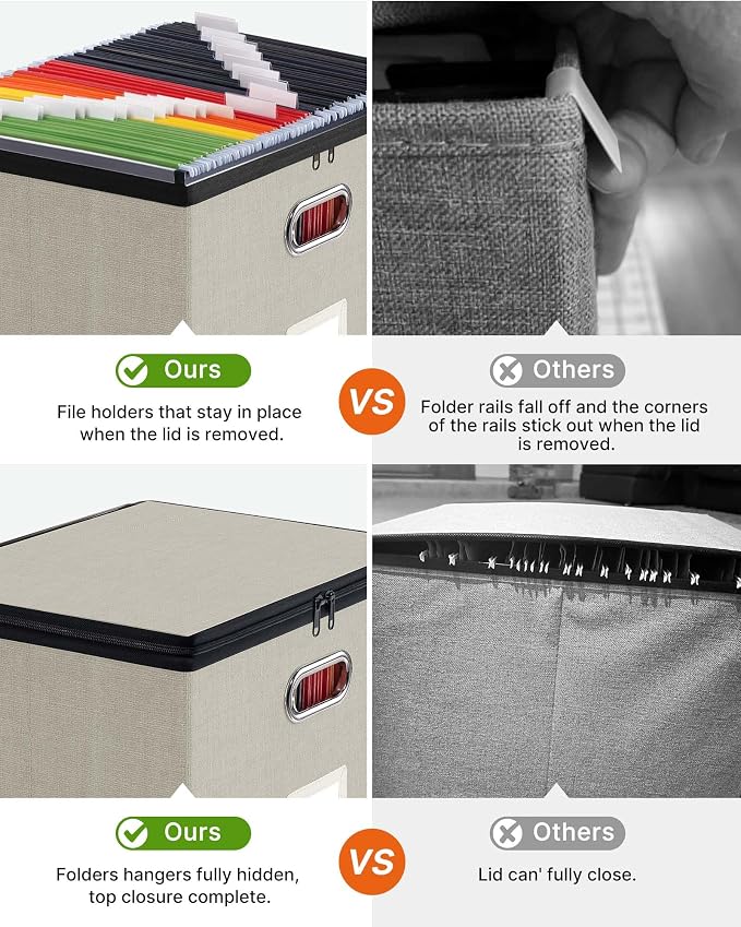 File Box Large 2-Pack Hanging Organizer for Letter/Legal-Size Folder | Dustproof Lid. 3 Mesh Pockets. Collapsible Scratch-Resistant GRS Linen. Slide Rails. Office, Home, Dorm
