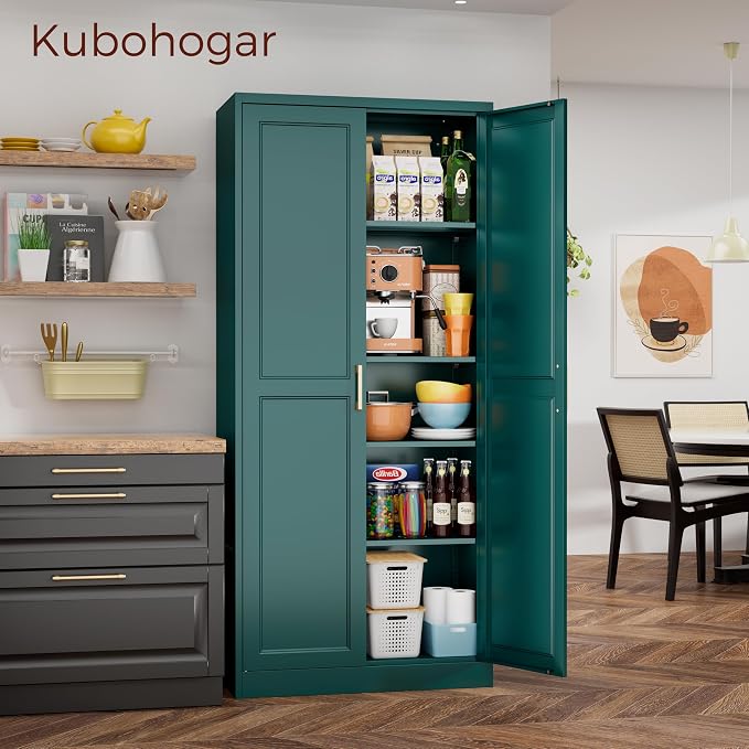 71" Tall Metal Kitchen Pantry Cabinet, Storage Cabinet with Doors | Kitchen Cabinet with 4 Adjustable Shelves, Tall Food Pantry Cabinet, Green Cupboard for Kitchen, Dining Room, Garage & Office