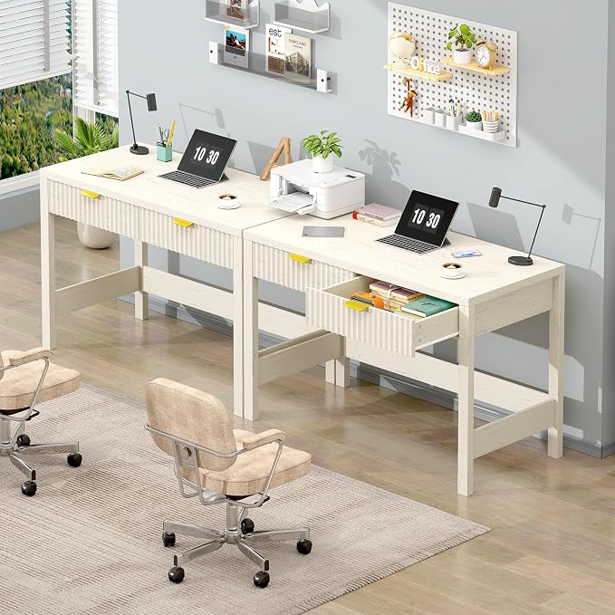 39 Inch Small Fluted Computer Desk with 2 Drawers for Bedroom, Home Office | Small Computer Desk with Storage for Bedroom, Compact Writing Study Desk for Small Spaces, White