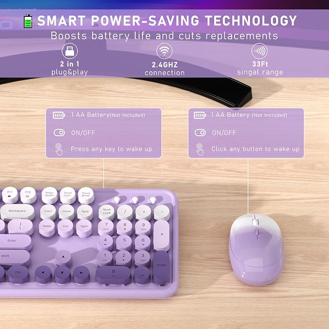 Links9+ Colorful Wireless Keyboard and Mouse Combo (Purple Gradient) | Full-Size Retro Typewriter Style Keyboard with Vintage Round Keycaps, 2.4G Wireless Set for Windows, Mac, Laptop, PC, Desktop