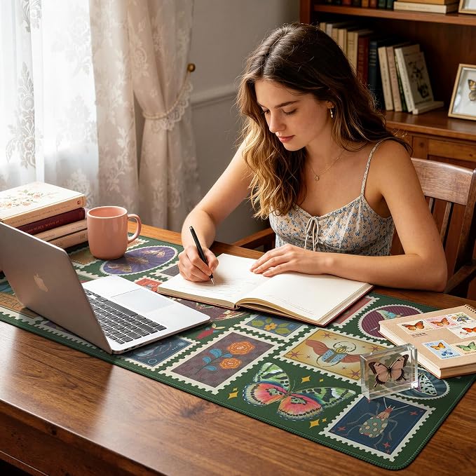 iCasso Vintage Desk Cover Mat, XXL Large Butterfly Mouse Pad, Olive Green | Desk Matt for Desktop Protector, Anti-Slip Mousepad with Stitched Edges for Laptop Computer Keyboard