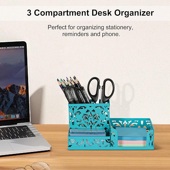 EasyPAG Desk Organizer with 3 Compartment for Pencil Sticky Note Holder and Office Accessories,Dark Teal