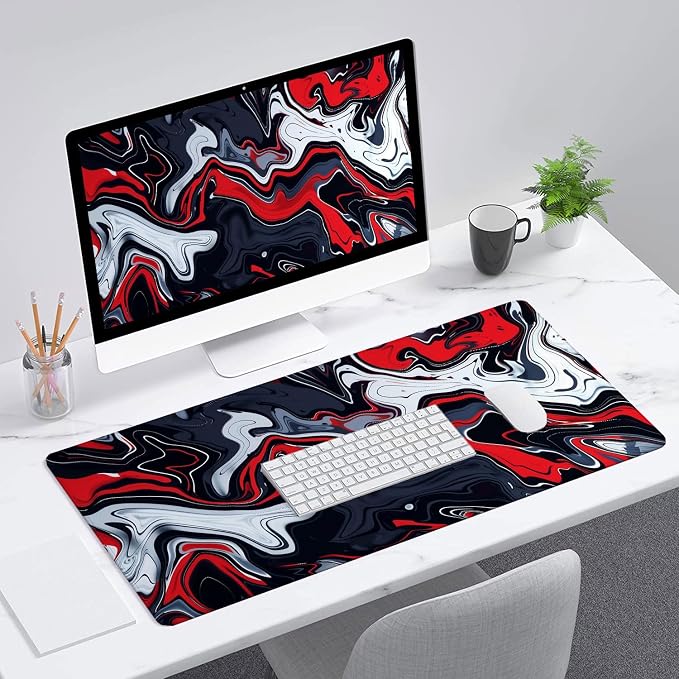 Red Marble Fluid Gaming Mouse Pad Desk Pad Abstract Black White Mousepad XL Large Gaming Mouse Pad Laptop Keyboard Mat Desk Pad Office Home Decor for Women Girl 35.4"x15.7"