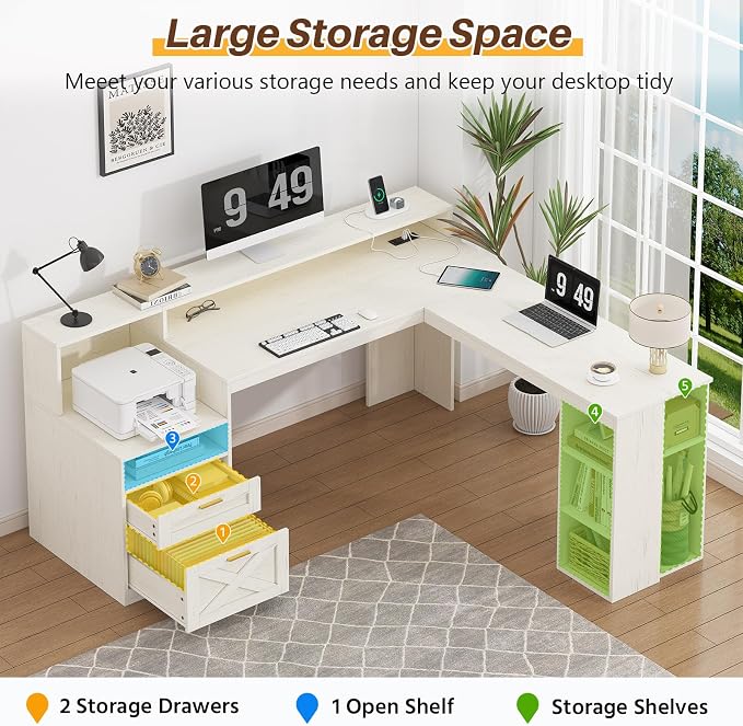 63" Farmhouse L Shaped Desk with Drawers & Storage Shelves for Home Office | Corner Desk with Power Outlets & LED Lights, L-Shaped Office Desks with File Drawer, Printer Shelf, Monitor Stand, White