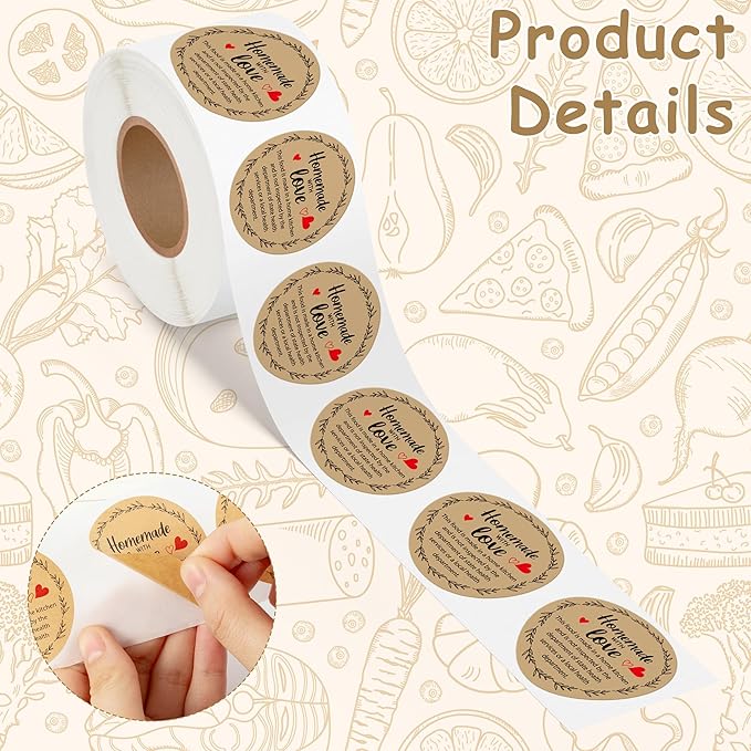 PANTIDE Cottage Food Law Labels Stickers - 500 Count Homemade with Love Adhesive Round Decal Roll, Made in A Home Kitchen Inspection Statement Thermal Printed for Food Packaging (2 x 2 Inch, Kraft)