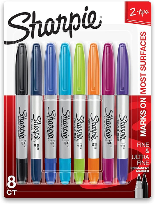 Sharpie Twin Tip Permanent Markers, Fine and Ultra Fine, Assorted Colors, 8 Count
