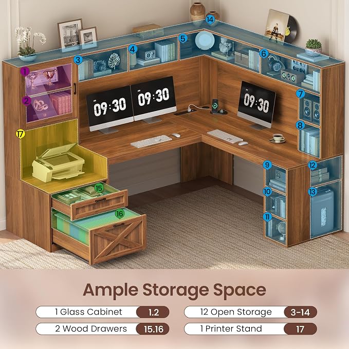SEDETA Farmhouse L Shaped Office Desk with Double Hutch, Storage Shelves | Computer Desk with Storage Shelves and Power Outlet, Corner Gaming Desk with LED Light and Display Cabinet for Home Office