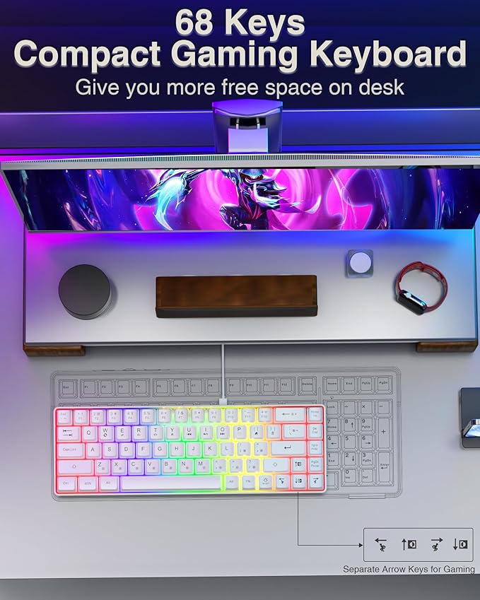 60% Gaming Keyboard,Small Keyboard USB-C Wired,Compact Mini Teclado Gamer,68 Keys RGB Backlit Portable Membrane Keyboards for Business Trips,Office,PC Games (SK968,White)