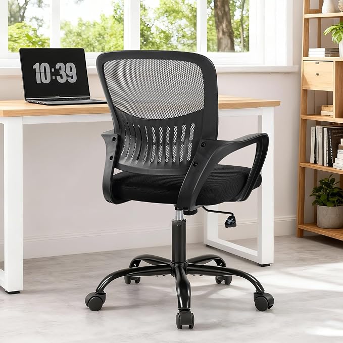 DUMOS Home Office Chair, Computer Desk Chair, Lumbar Support | Ergonomic Mid Back Mesh, Height Adjustable Fixed Armrest, Rocking Mode 360 Swivel, Computer Conference, Black
