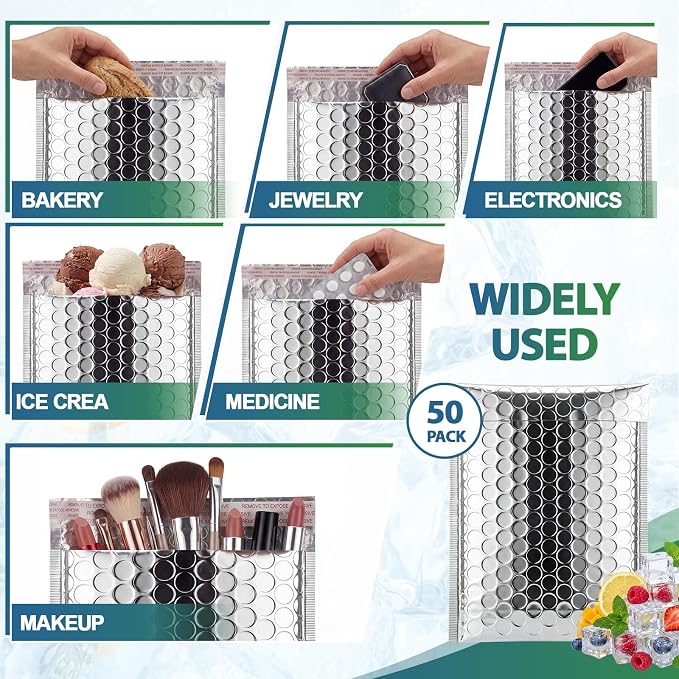 50 Pack 6 x 7 Inch Insulated Bubble Mailers, Silver | Self Seal Closure, Foil Lined Interior, Padded Cushioning, Waterproof, Cold Delivery Packing, for Food and Cosmetics